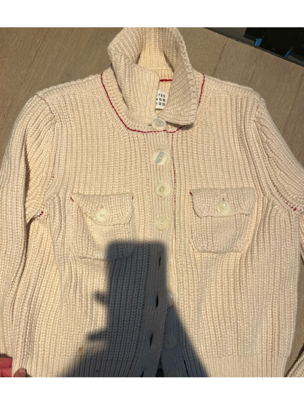 Maison Martin Margiela Cream Ribbed Knit Cardigan with Red Stitching